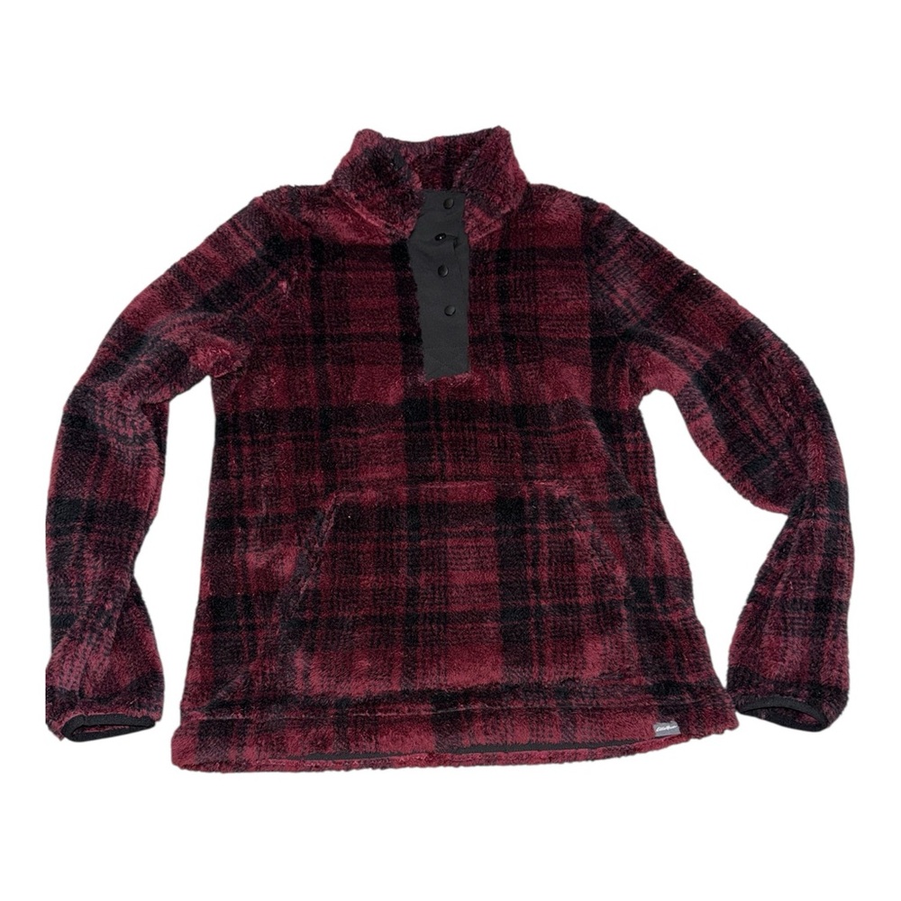 Eddie Bauer Plaid Fleece Snap Pullover Burgundy Black Size Medium Cozy Outdoor